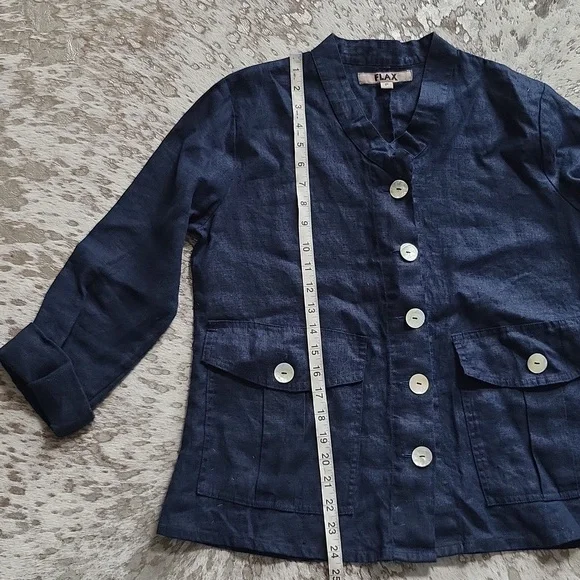 Flax Linen Collarless Button Down Shirt Jacket Roll Sleeve Sz4-6 - Picture 6 of 7